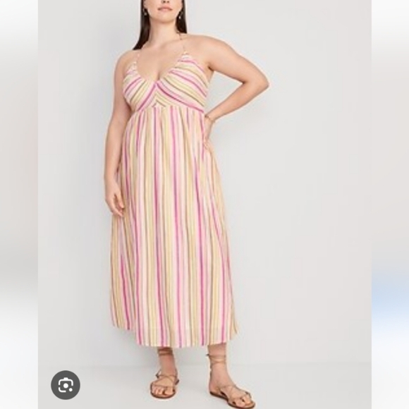 Old Navy Fit & Flare Striped Maxi Halter Dress Flowy Colorful Cotton Size XL - Picture 1 of 13
